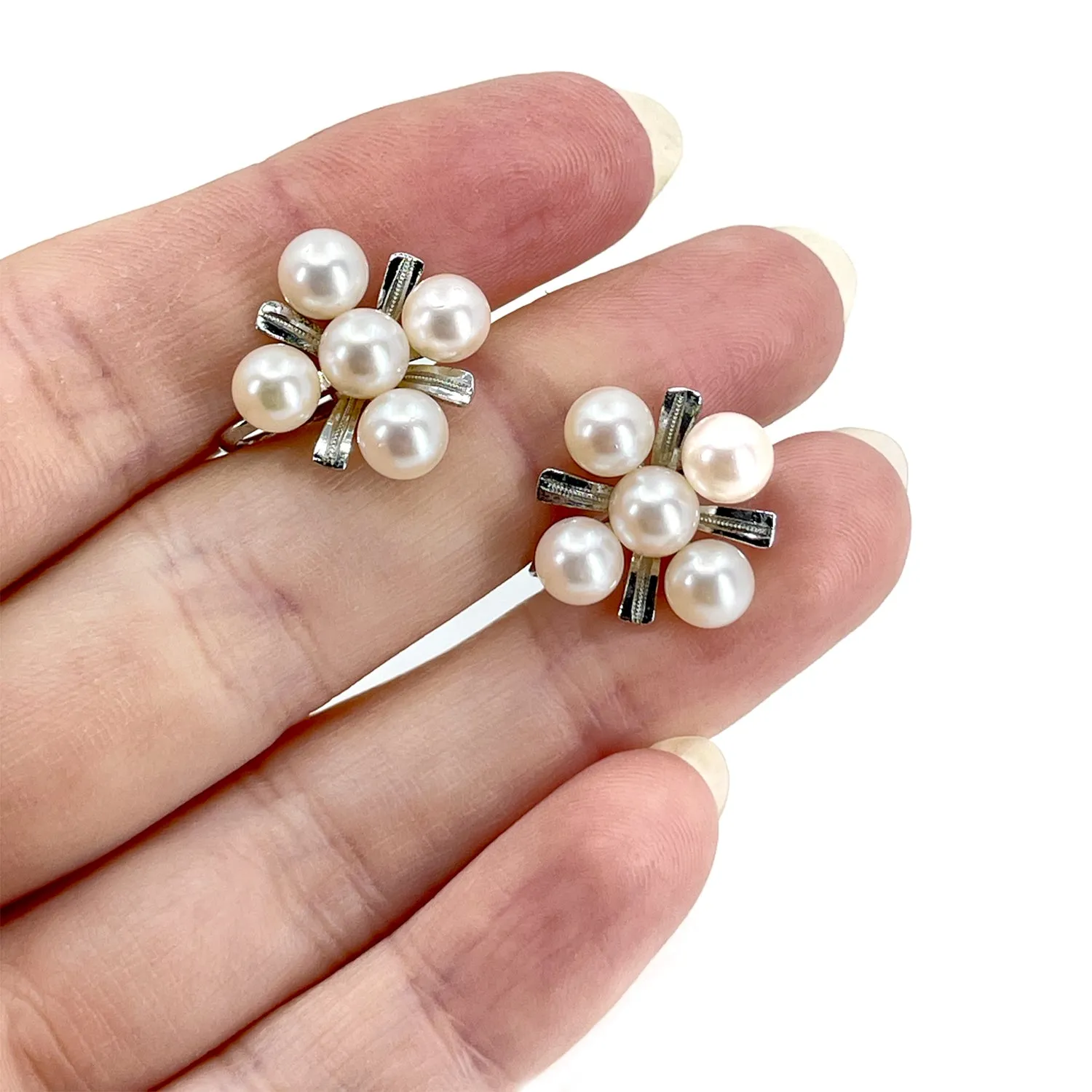 Vintage X Shaped Cluster Akoya Saltwater Cultured Pearl Screwback Earrings- Sterling Silver