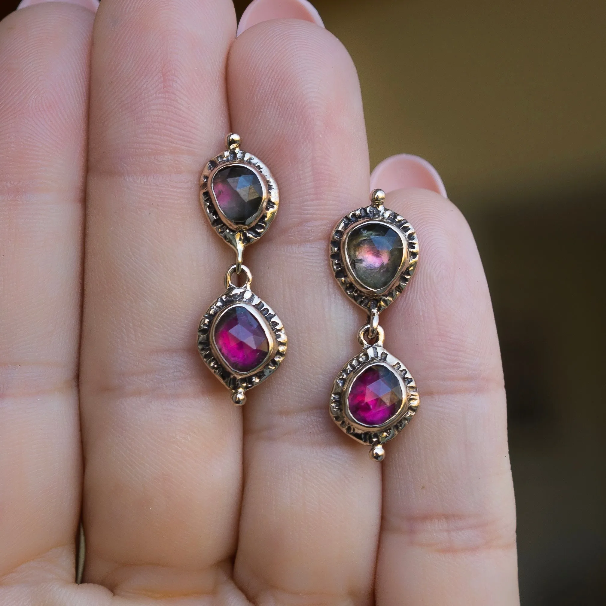 Watermelon Tourmaline Bronze Earrings