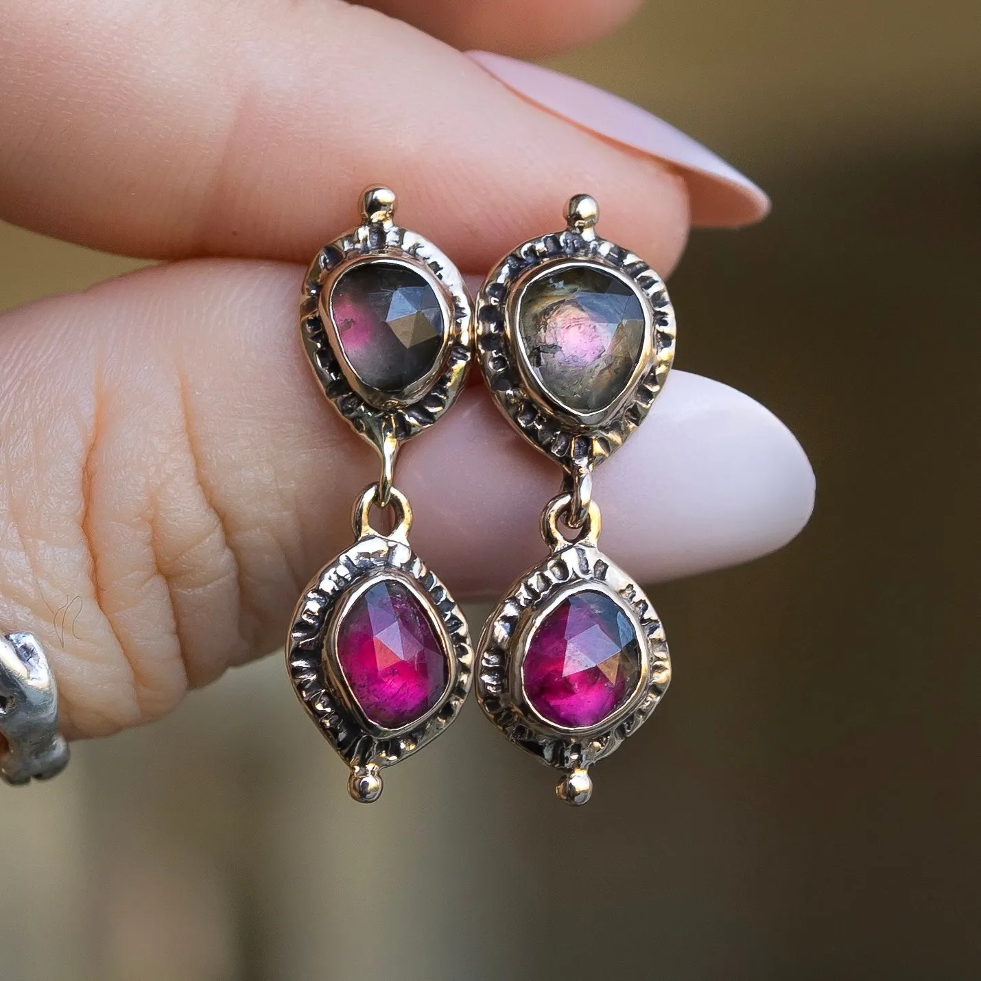 Watermelon Tourmaline Bronze Earrings