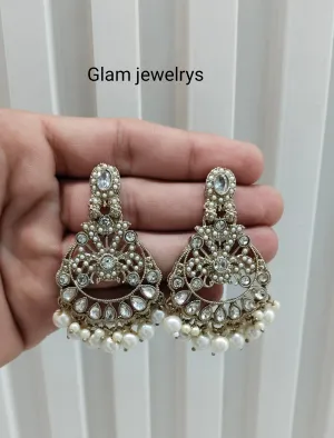 White Antique Gold Bollywood Ammy Indian Earrings