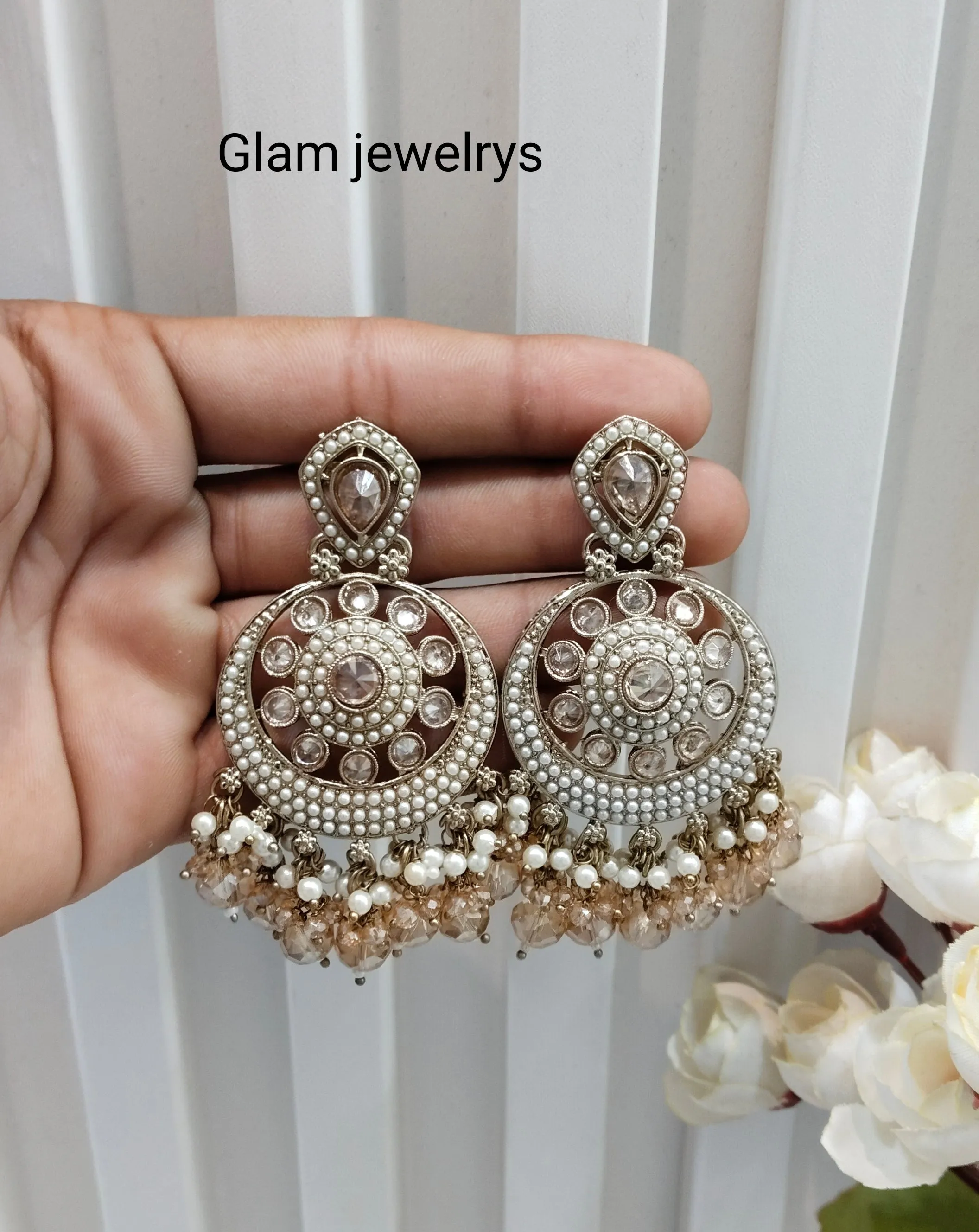 White Antique Gold Bollywood Hooda Indian Earrings