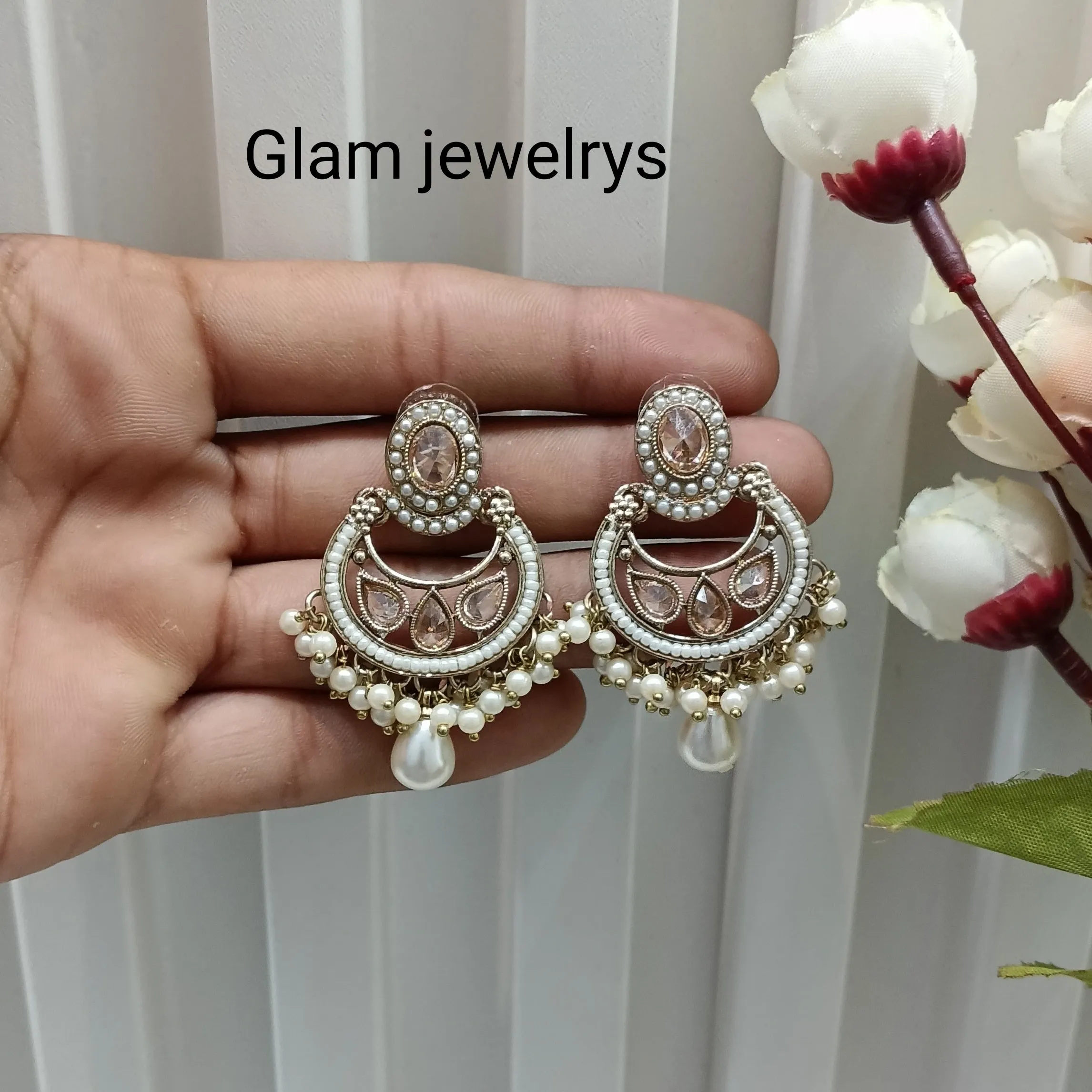 White Antique Gold Bollywood Raina Indian Earrings