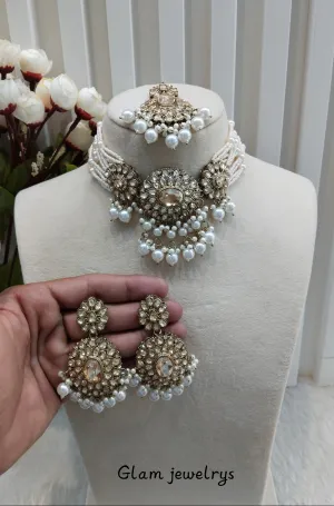 White Antique Gold Choker Indian Jewellery Porel Set