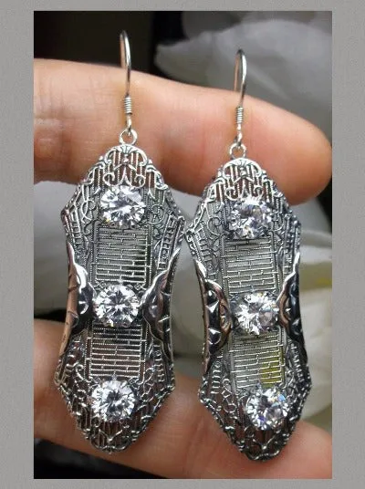 White CZ Earrings, Triple Gems, Edwardian Jewelry E42