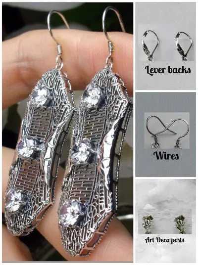 White CZ Earrings, Triple Gems, Edwardian Jewelry E42