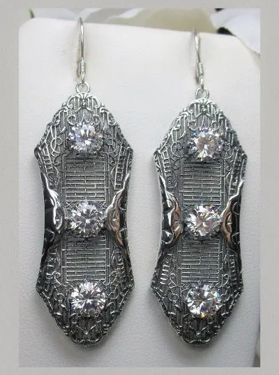 White CZ Earrings, Triple Gems, Edwardian Jewelry E42