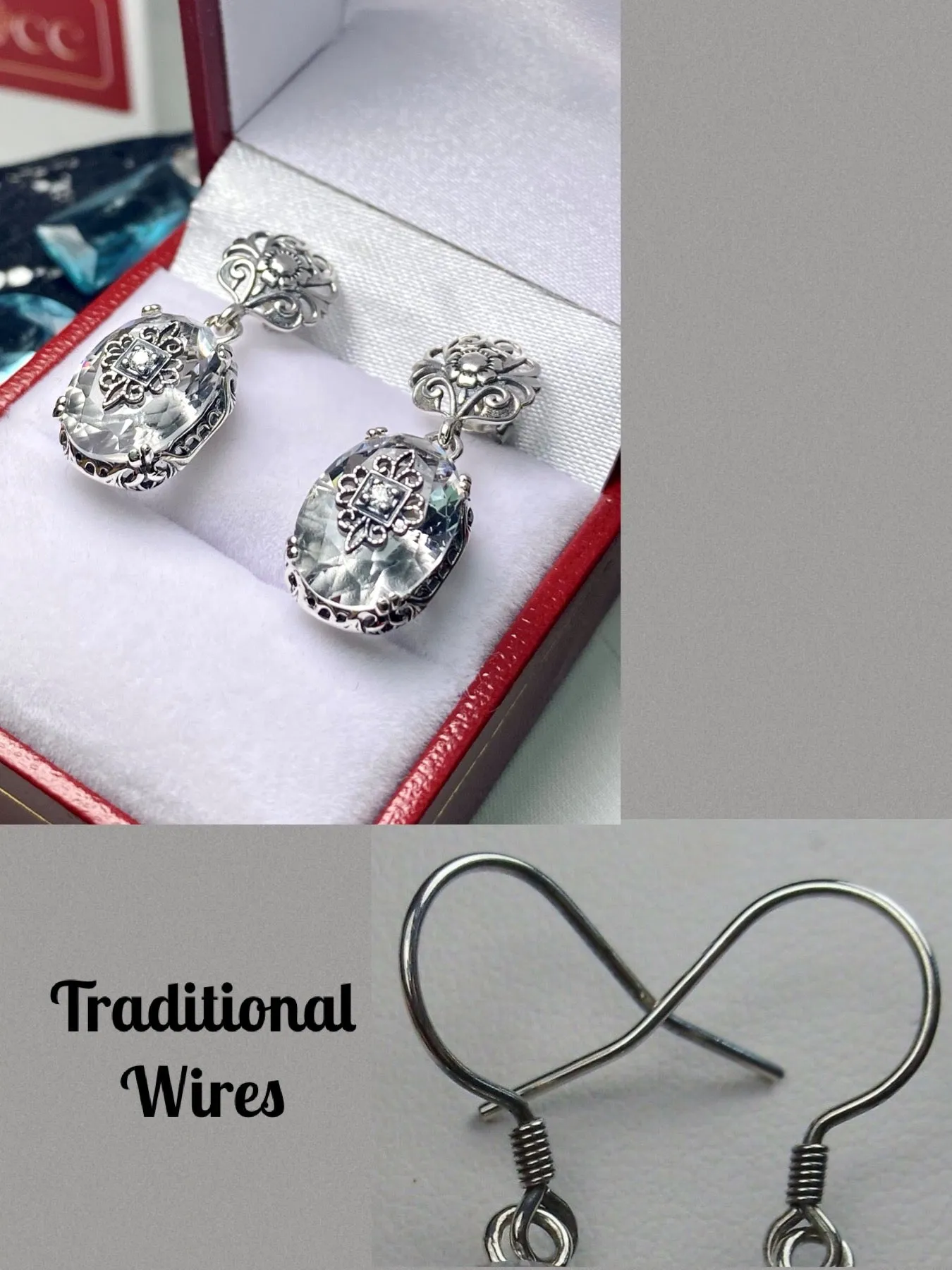 White Topaz Earrings, Sterling Silver Embellishment, Vintage Edwardian Jewelry #E70e