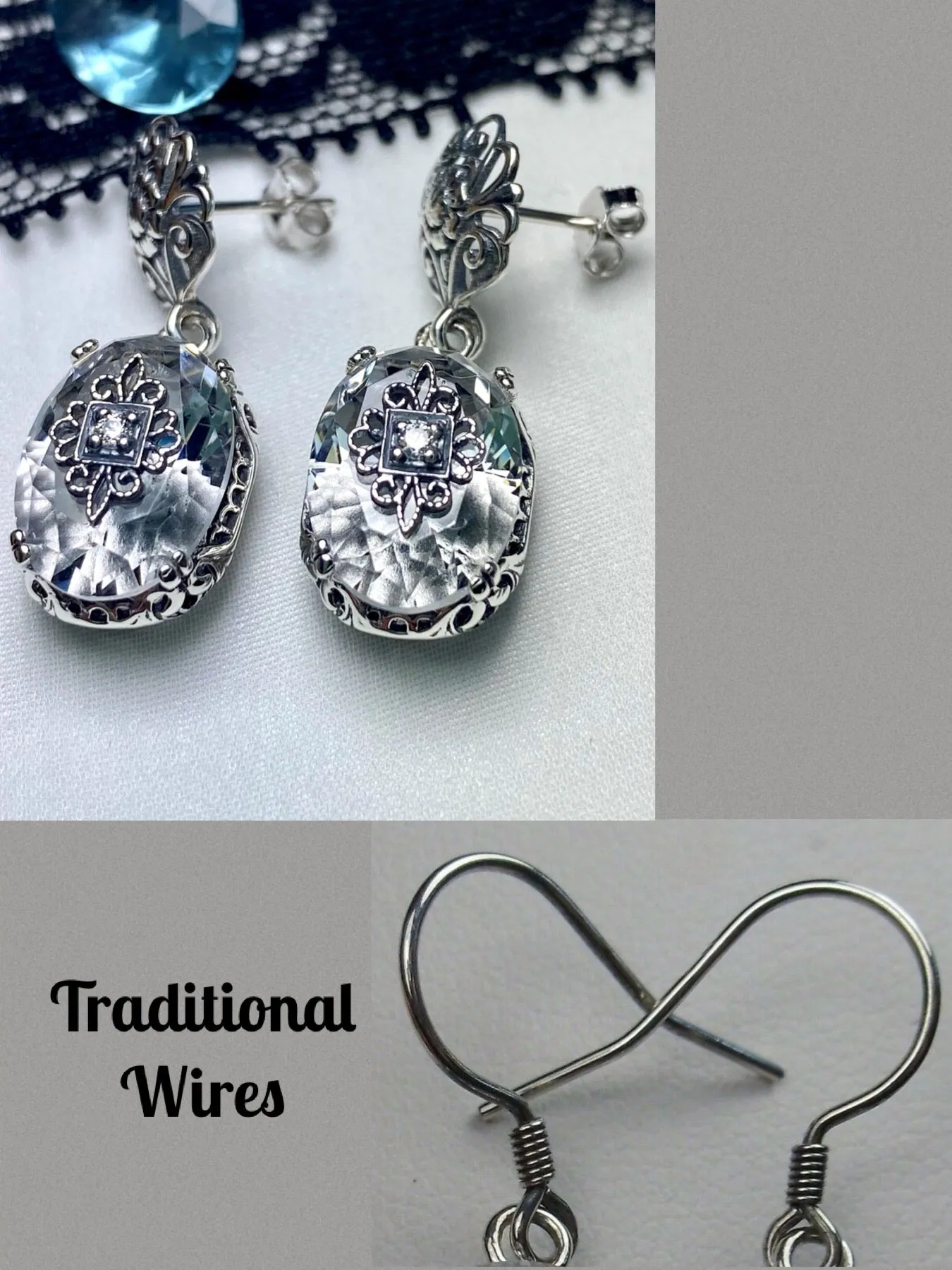 White Topaz Earrings, Sterling Silver Embellishment, Vintage Edwardian Jewelry #E70e