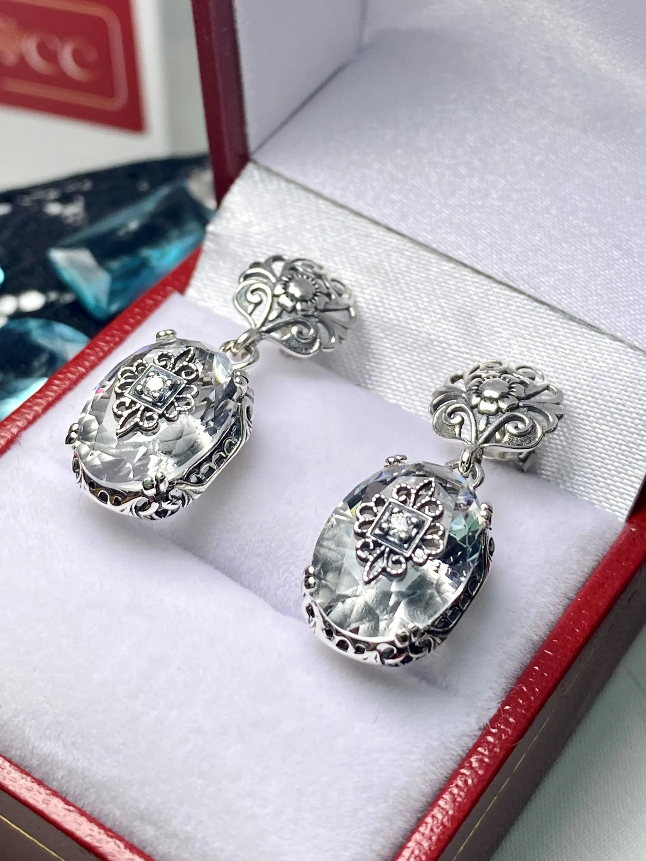 White Topaz Earrings, Sterling Silver Embellishment, Vintage Edwardian Jewelry #E70e