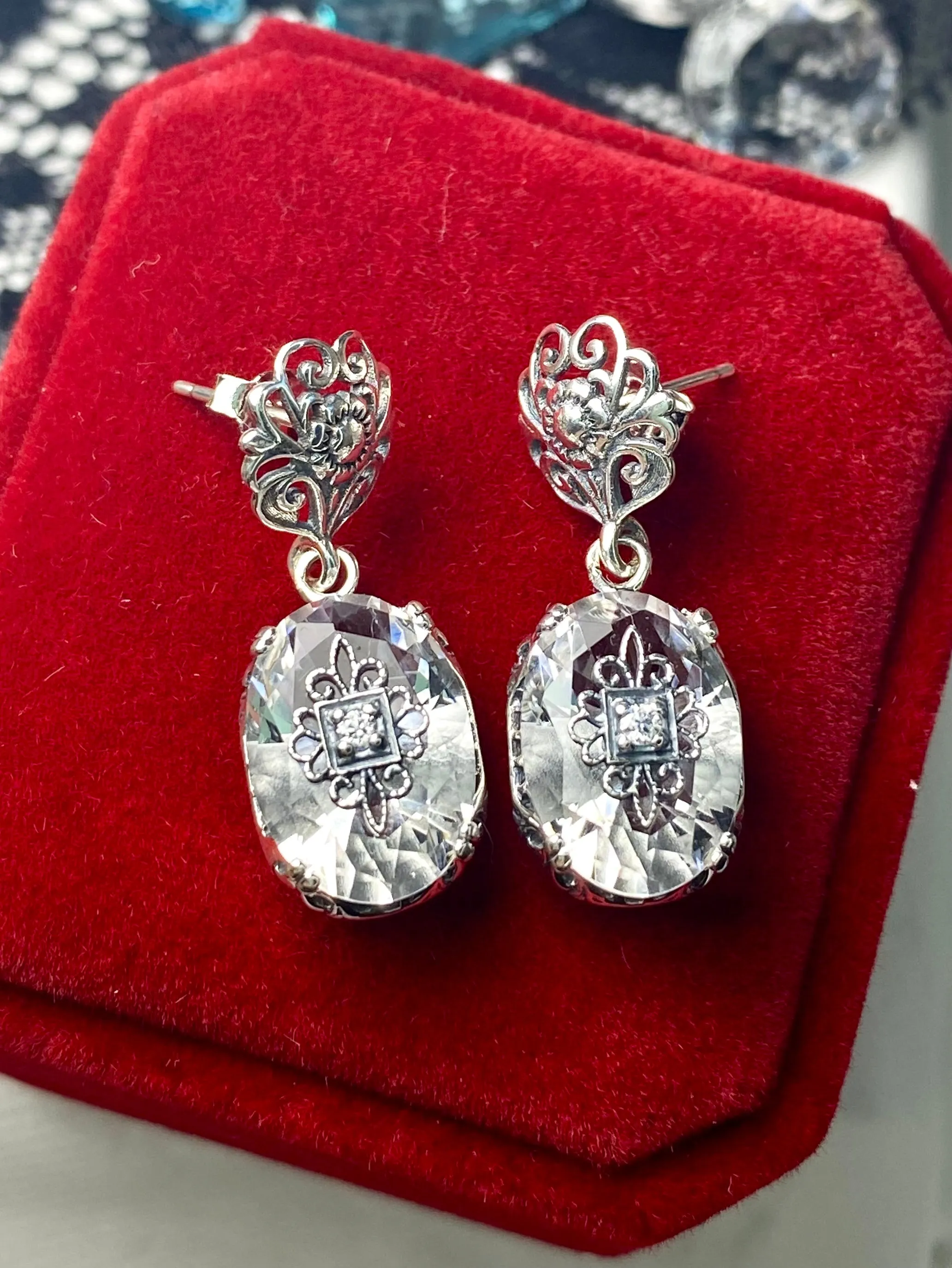 White Topaz Earrings, Sterling Silver Embellishment, Vintage Edwardian Jewelry #E70e