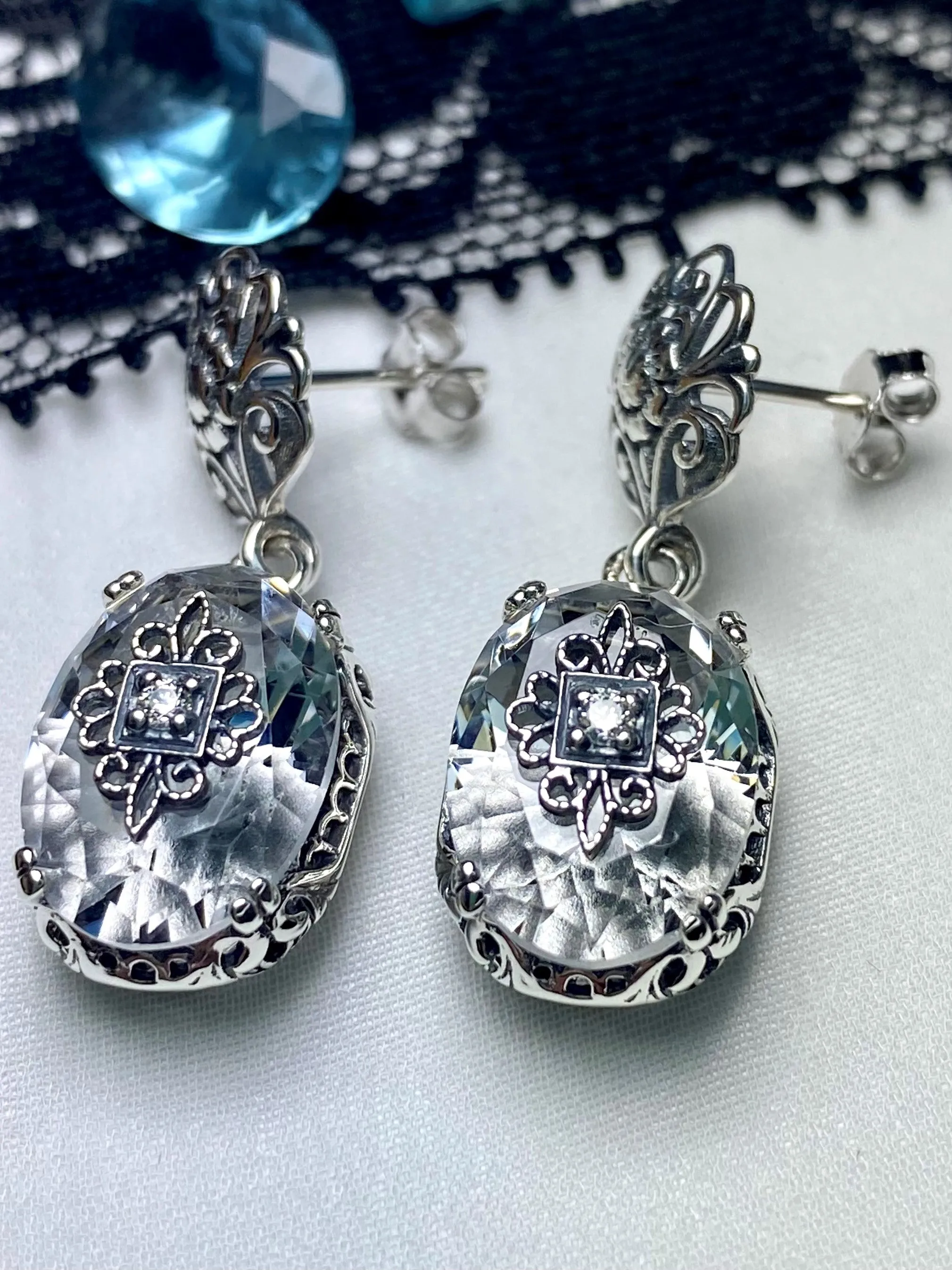 White Topaz Earrings, Sterling Silver Embellishment, Vintage Edwardian Jewelry #E70e