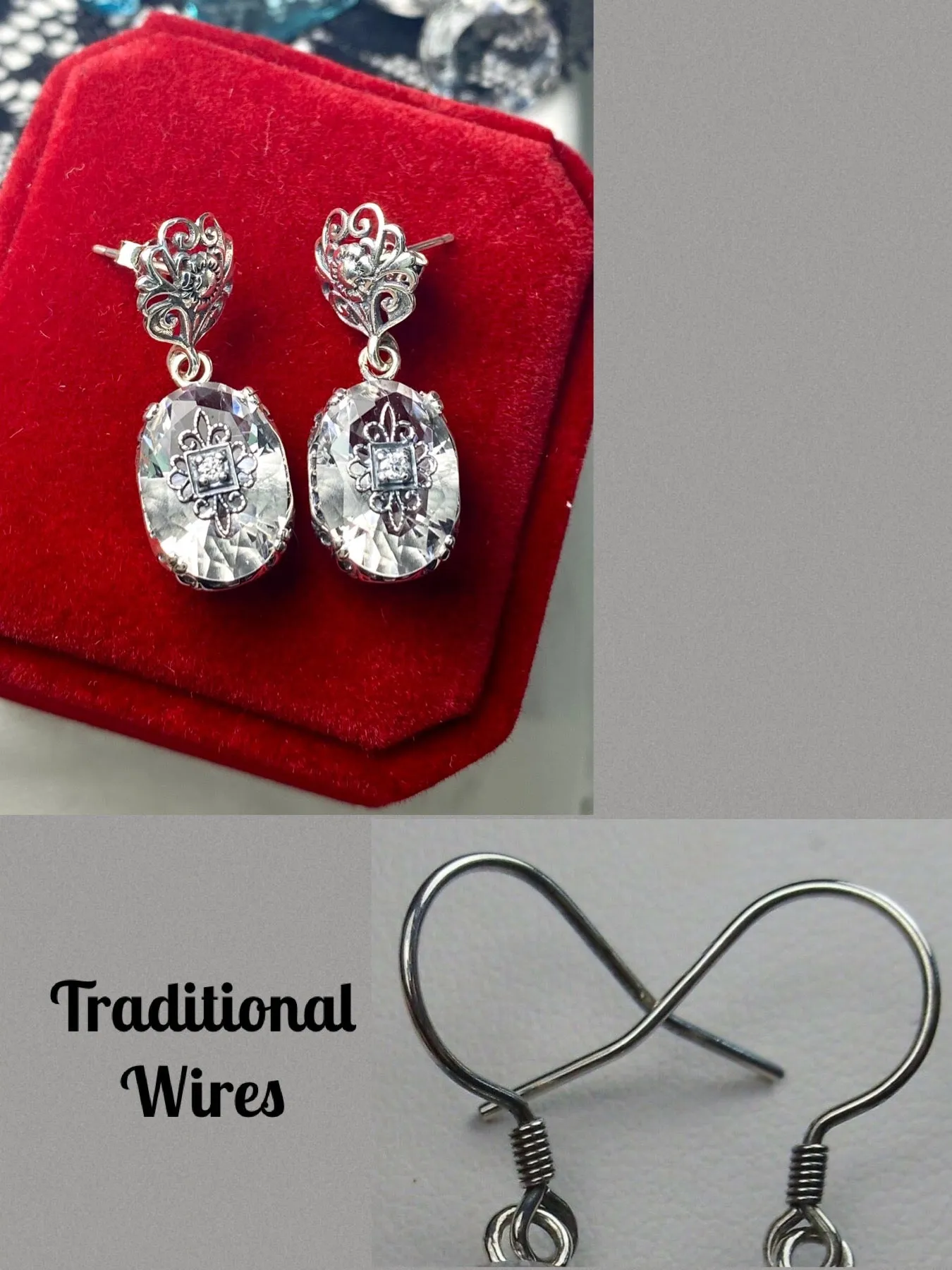 White Topaz Earrings, Sterling Silver Embellishment, Vintage Edwardian Jewelry #E70e