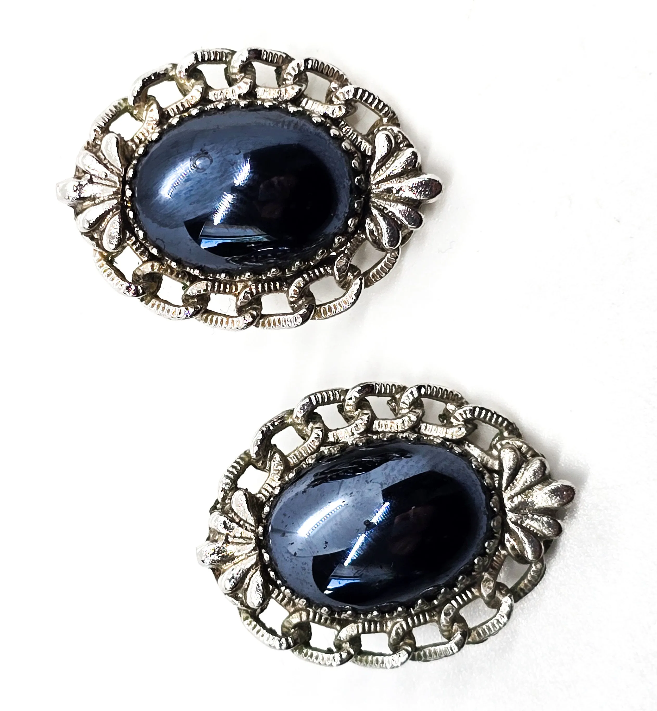 Whiting and Davis hematite silver chain signed vintage clip on earrings