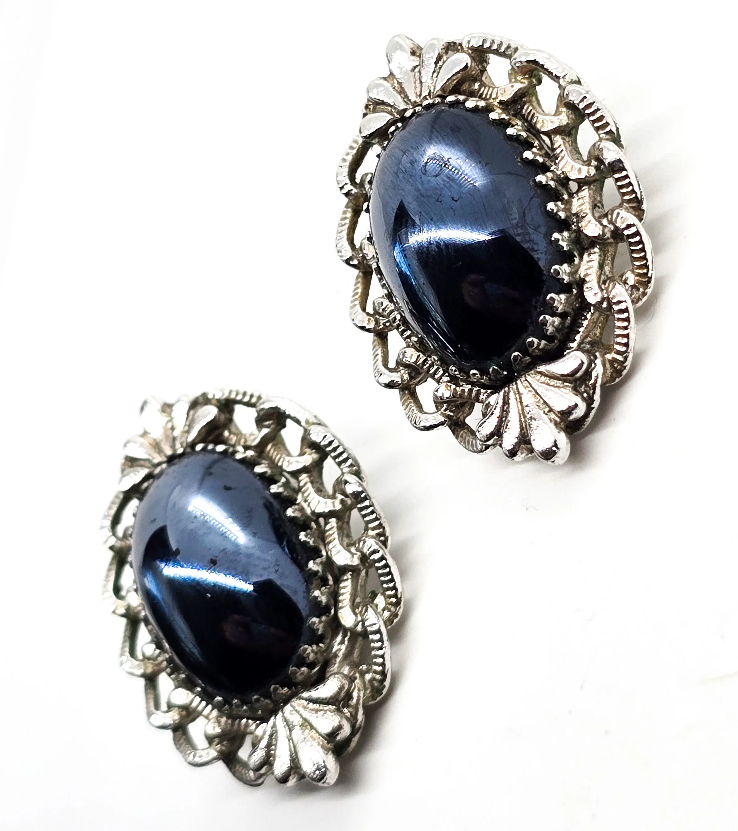 Whiting and Davis hematite silver chain signed vintage clip on earrings