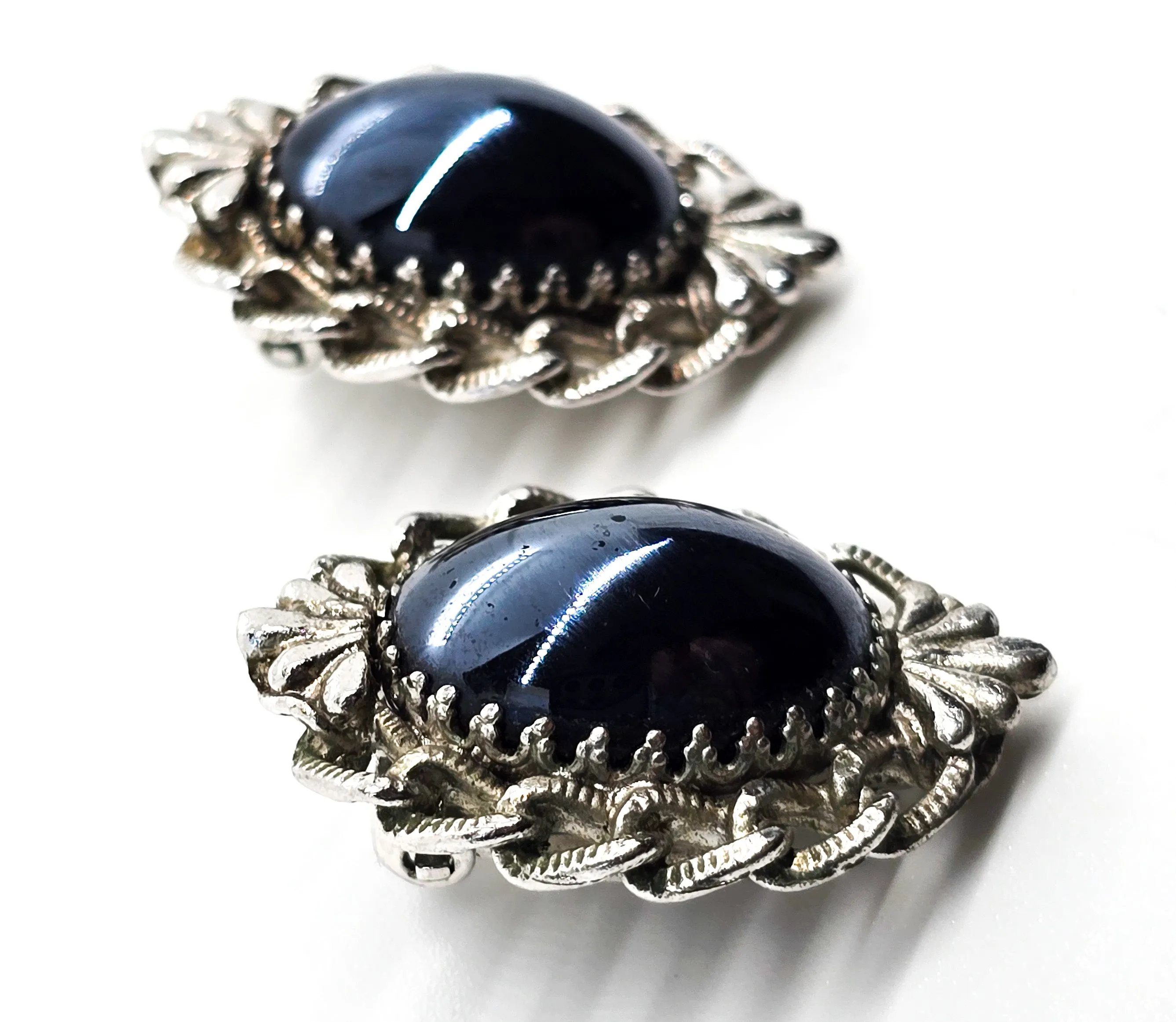 Whiting and Davis hematite silver chain signed vintage clip on earrings