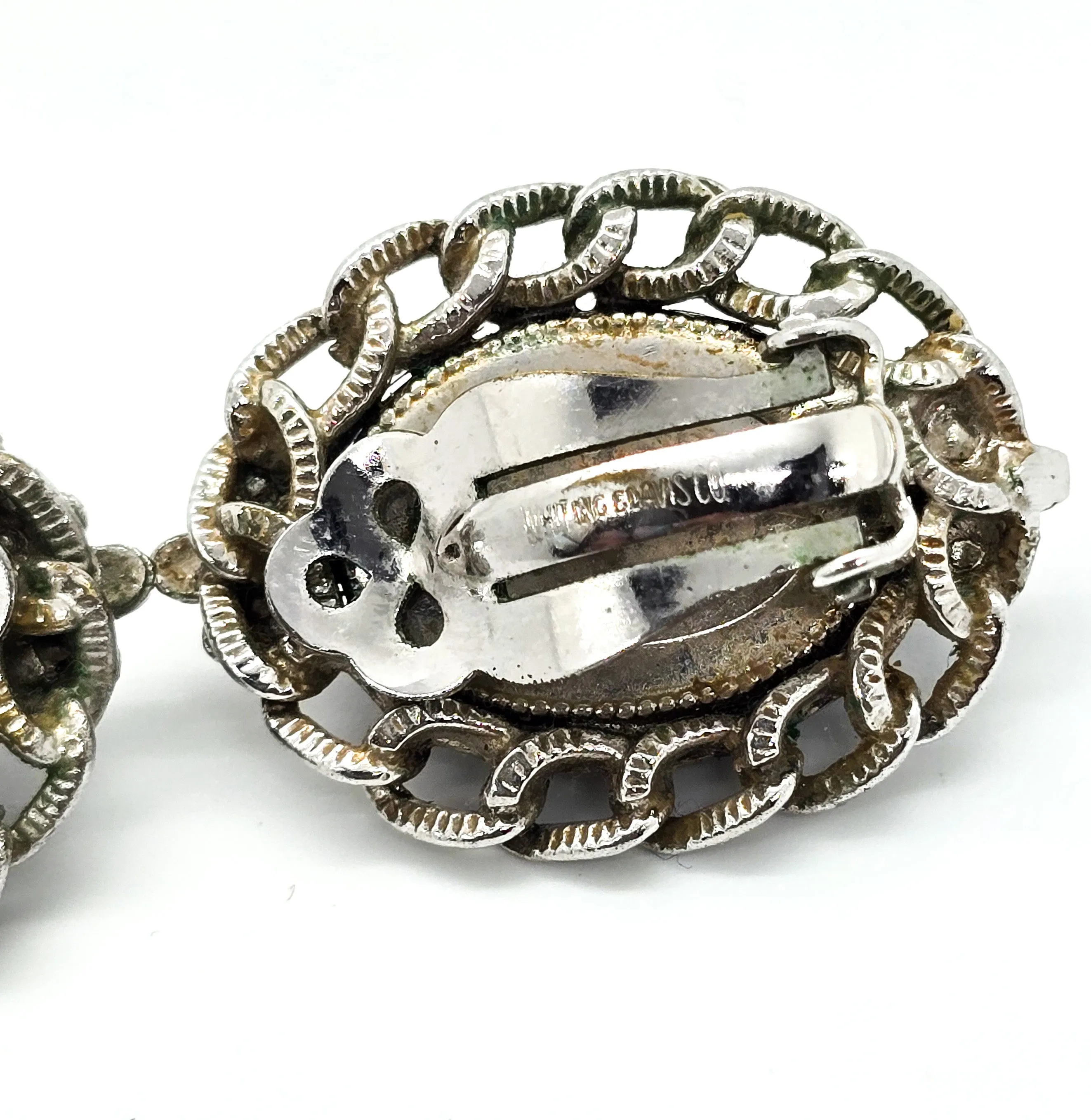 Whiting and Davis hematite silver chain signed vintage clip on earrings