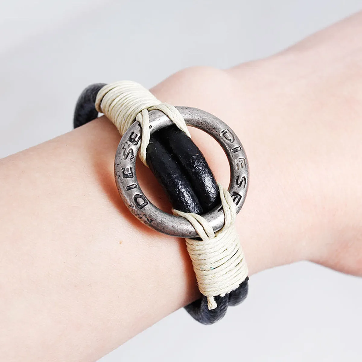 Women and Men's Real Leather Multilayer Bracelets Black Cord " DIESEL " Hollow Metal Gunmetal Beads