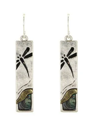 Worn Silver Abalone Dragonfly Rectangle Earrings