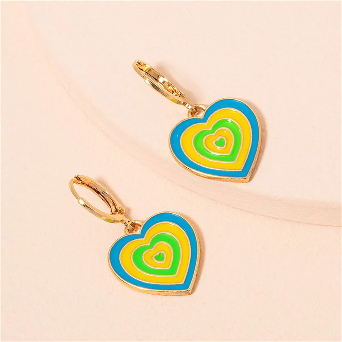 Yellow & Blue Enamel 18K Gold-Plated Heart Charm Huggie Earrings