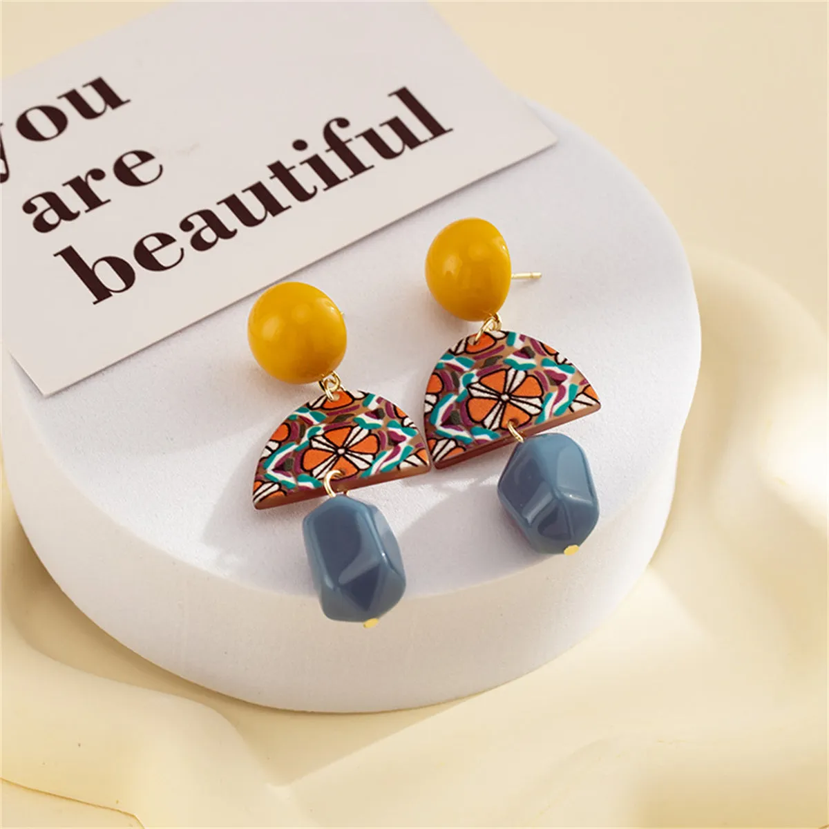 Yellow & Blue Resin Geometric Drop Earrings