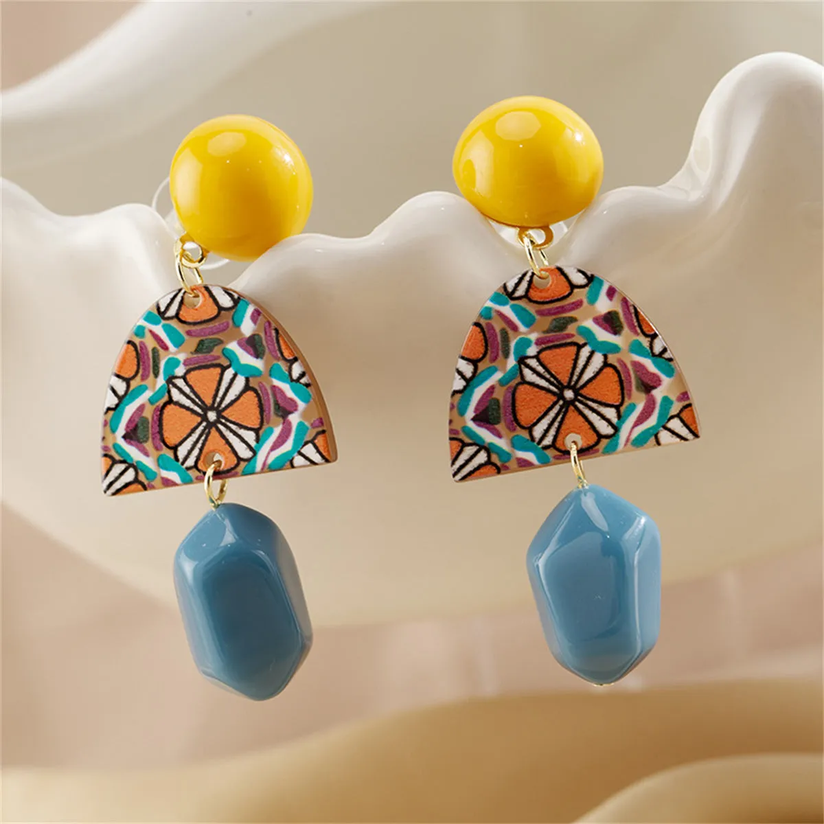 Yellow & Blue Resin Geometric Drop Earrings