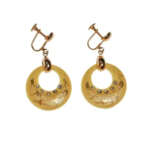 Yellow Lucite Dangling Hoop Earrings with Rhinestones, Doorknocker