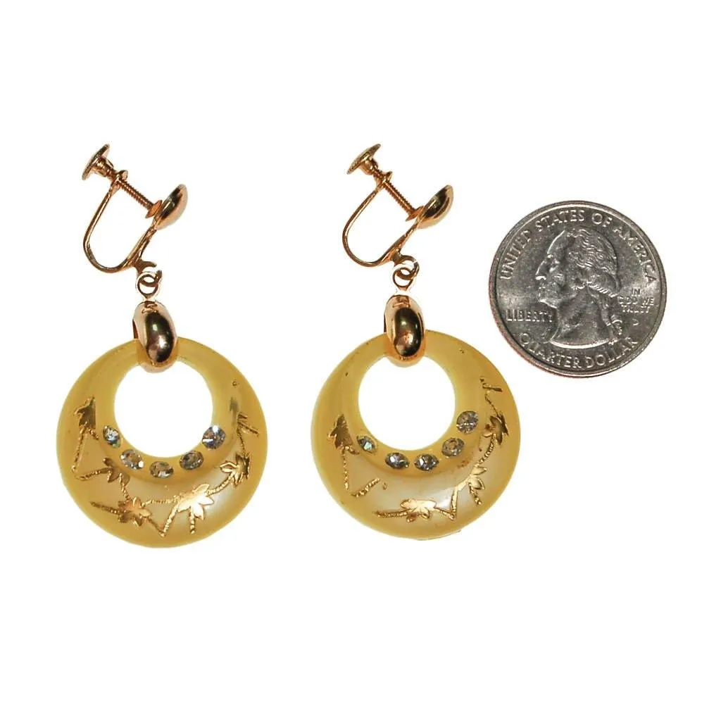 Yellow Lucite Dangling Hoop Earrings with Rhinestones, Doorknocker