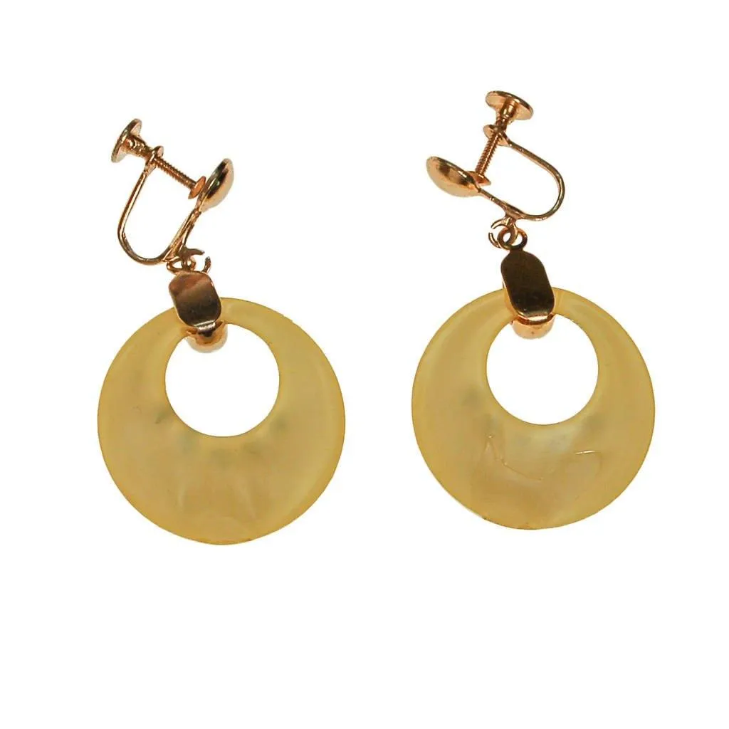 Yellow Lucite Dangling Hoop Earrings with Rhinestones, Doorknocker