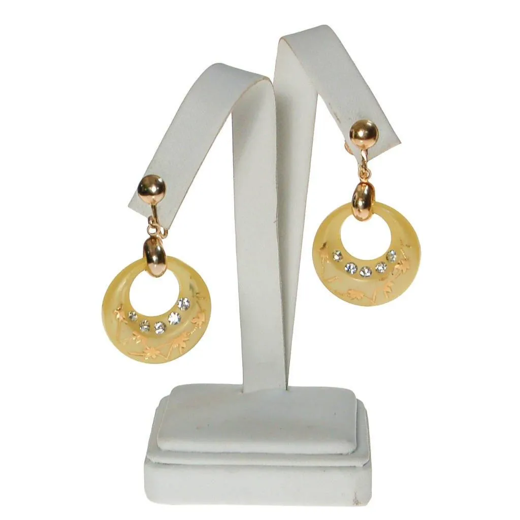 Yellow Lucite Dangling Hoop Earrings with Rhinestones, Doorknocker